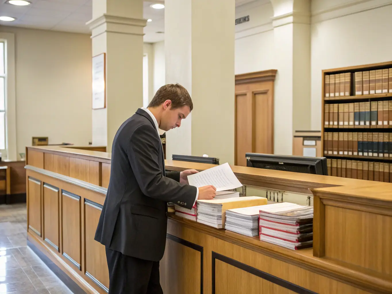 An image depicting a person efficiently processing documents and permits at a government office, representing Awaha Printing and Clearance Company's reliable and streamlined clearance services.