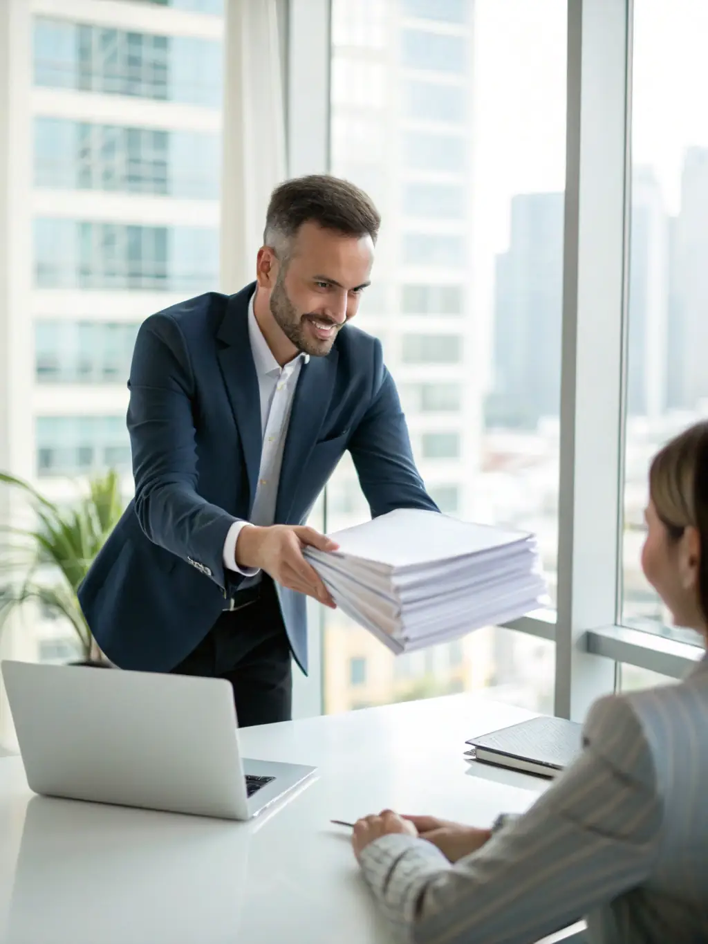 A person handing over a stack of official documents with a satisfied expression, representing Awaha Printing and Clearance Company's efficient clearance services.